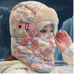 眼镜帽子一体围脖雷锋帽女冬款骑车加绒加厚保暖防风防寒时尚洋气