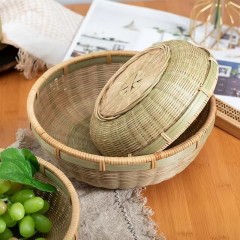 竹编收纳筐家用圆形藤编馒头竹筐水果篮头层竹青编织竹制品竹篮子